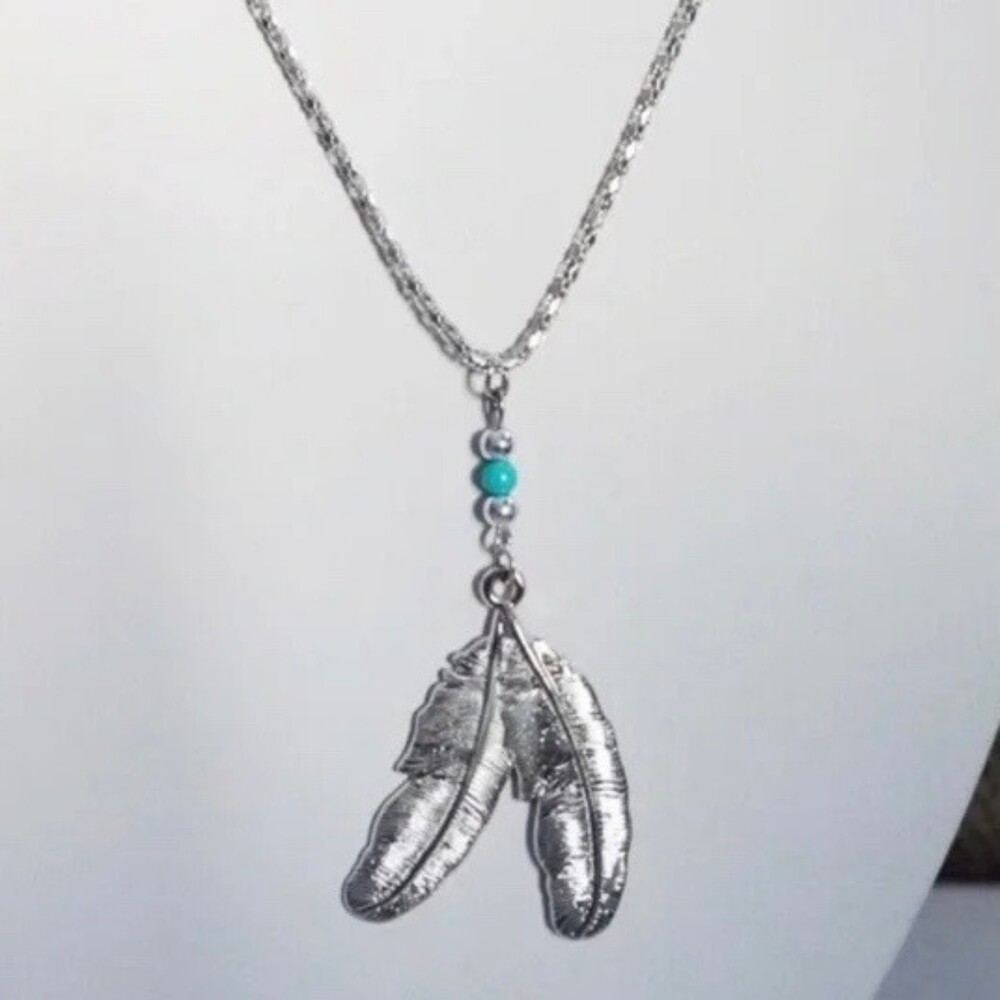 Feather Beaded Drop Pendant Necklace Silver Tone